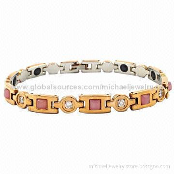 Magnetic Stainless Steel Bracelets with 9pcs of Pink Opals & 10pcs of CZ Stones/IP Rose Gold Plating